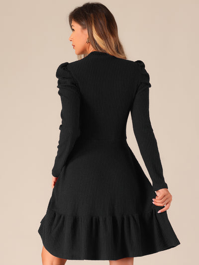 Stretchy Puff Long Sleeve Ruffle Hem Knit Midi Sweater Dress