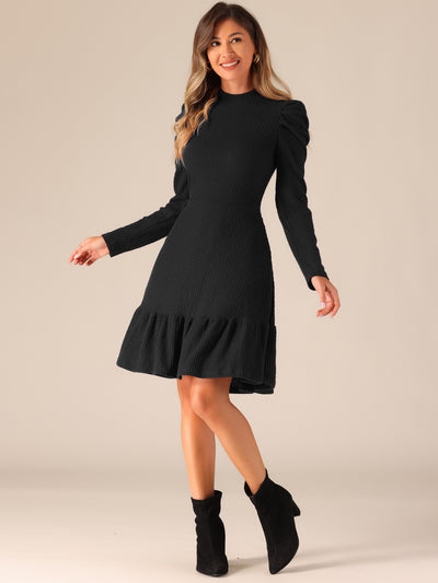 Stretchy Puff Long Sleeve Ruffle Hem Knit Midi Sweater Dress