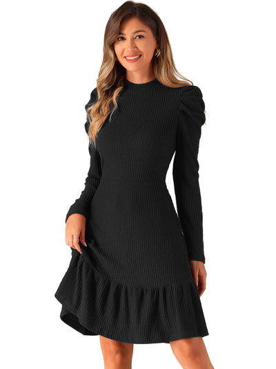 Stretchy Puff Long Sleeve Ruffle Hem Knit Midi Sweater Dress