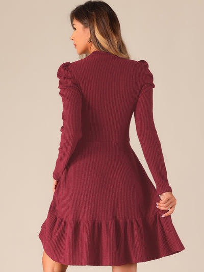 Stretchy Puff Long Sleeve Ruffle Hem Knit Midi Sweater Dress