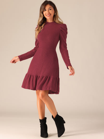 Stretchy Puff Long Sleeve Ruffle Hem Knit Midi Sweater Dress