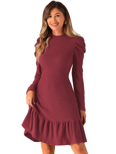 Stretchy Puff Long Sleeve Ruffle Hem Knit Midi Sweater Dress