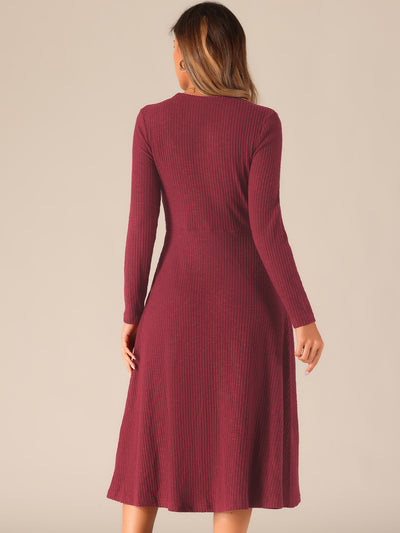 Casual Square Neck A-Line Pockets Midi Knitted Sweater Dress