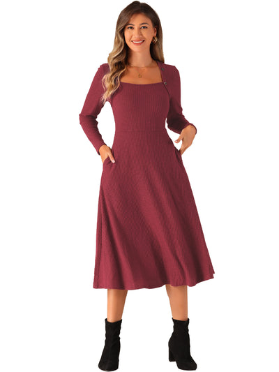 Casual Square Neck A-Line Pockets Midi Knitted Sweater Dress