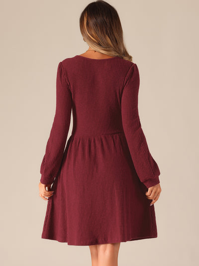 Scoop Neck Pockets Stretchy Puff Long Sleeve Knit Sweater Dress