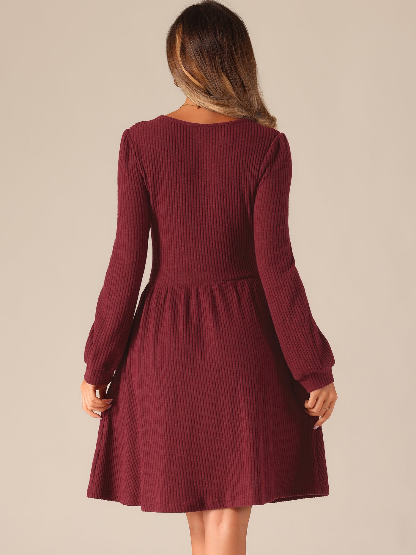 Allegra K Scoop Neck Pockets Stretchy Puff Long Sleeve Knit Sweater Dress