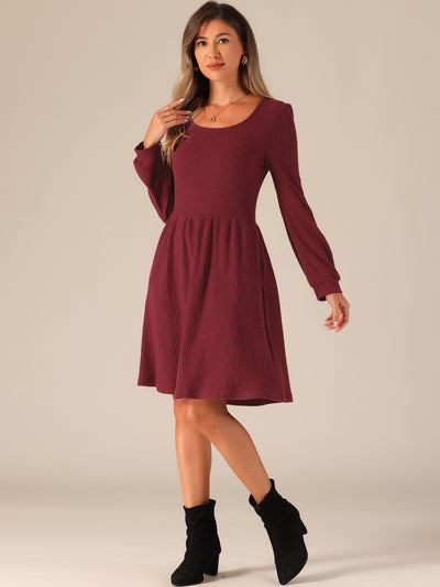 Scoop Neck Pockets Stretchy Puff Long Sleeve Knit Sweater Dress