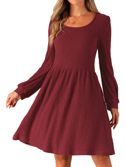 Scoop Neck Pockets Stretchy Puff Long Sleeve Knit Sweater Dress