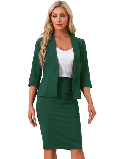 2 Pieces Collarless 3/4 Sleeves Blazer and Pencil Skirt Office Work Business Suit Set