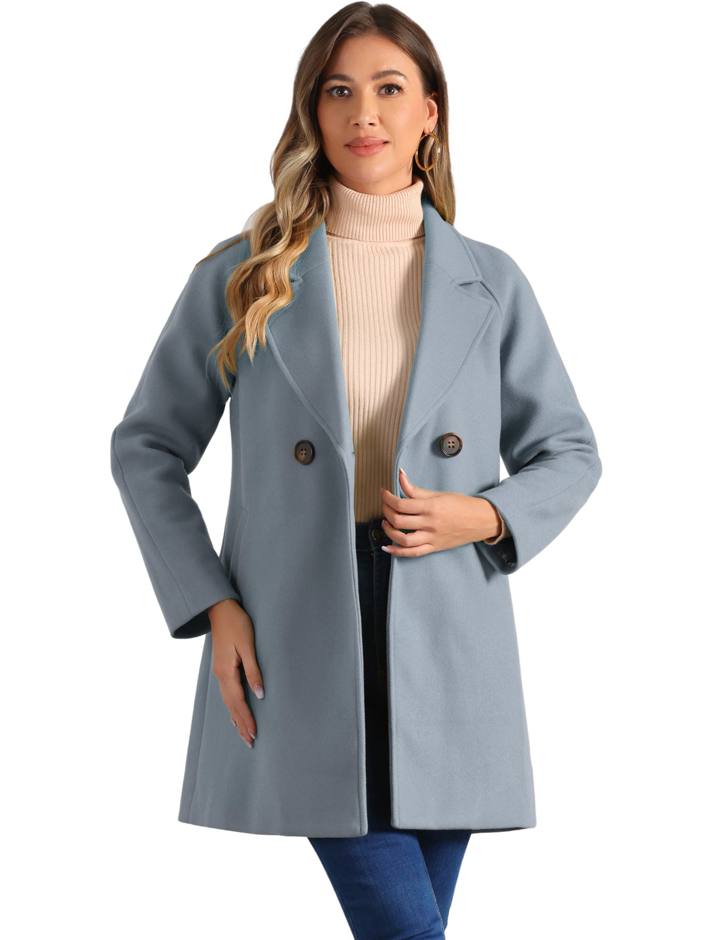 Allegra K Notched Lapel Double Breasted Raglan Winter Coat