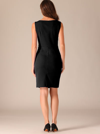 Boat Neck Ruched Work Office Sleeveless Midi Sheath Dress