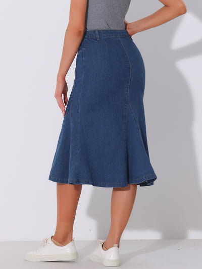 Casual Denim High Waisted A-Line Flared Midi Skirt