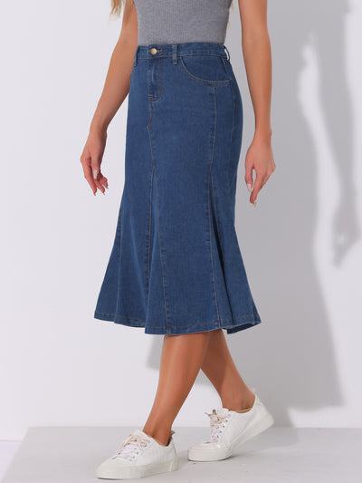 Casual Denim High Waisted A-Line Flared Midi Skirt