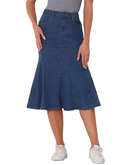 Casual Denim High Waisted A-Line Flared Midi Skirt