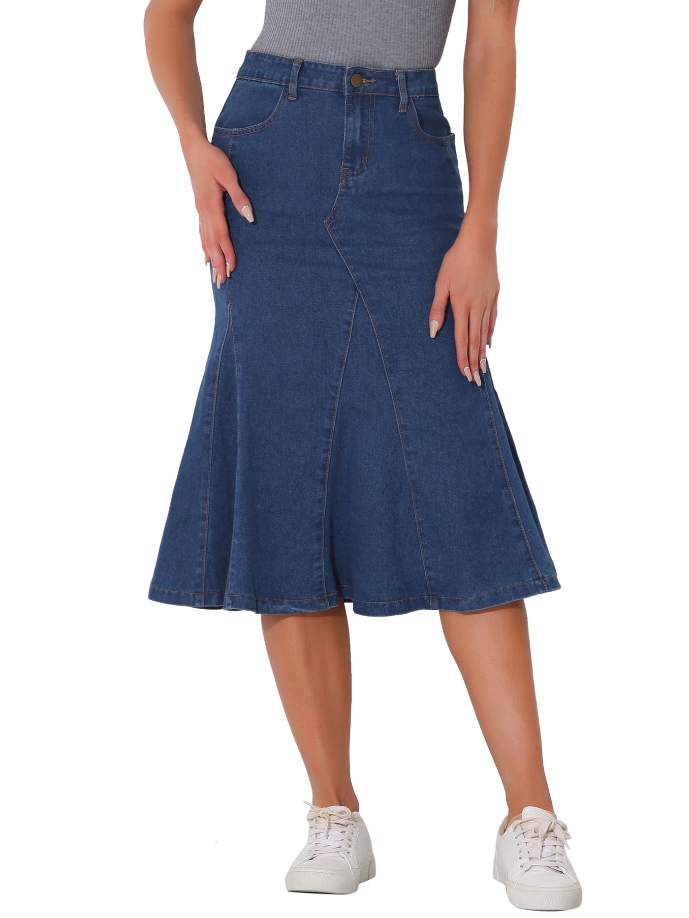 Allegra K Casual Denim High Waisted A-Line Flared Midi Skirt