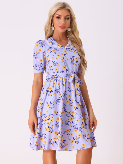 Retro Floral Peter Pan Collar High Waist Puff Sleeve Flowy Midi Dress