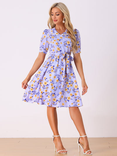 Retro Floral Peter Pan Collar High Waist Puff Sleeve Flowy Midi Dress