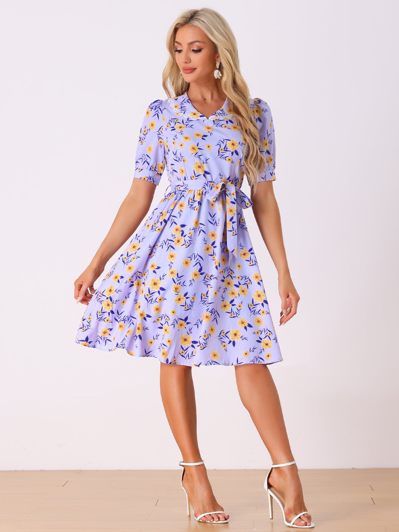 Allegra K Retro Floral Peter Pan Collar High Waist Puff Sleeve Flowy Midi Dress