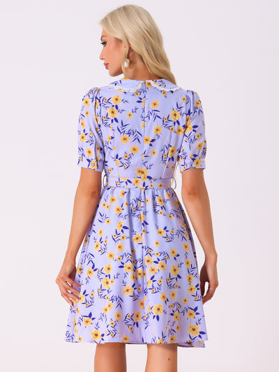 Retro Floral Peter Pan Collar High Waist Puff Sleeve Flowy Midi Dress