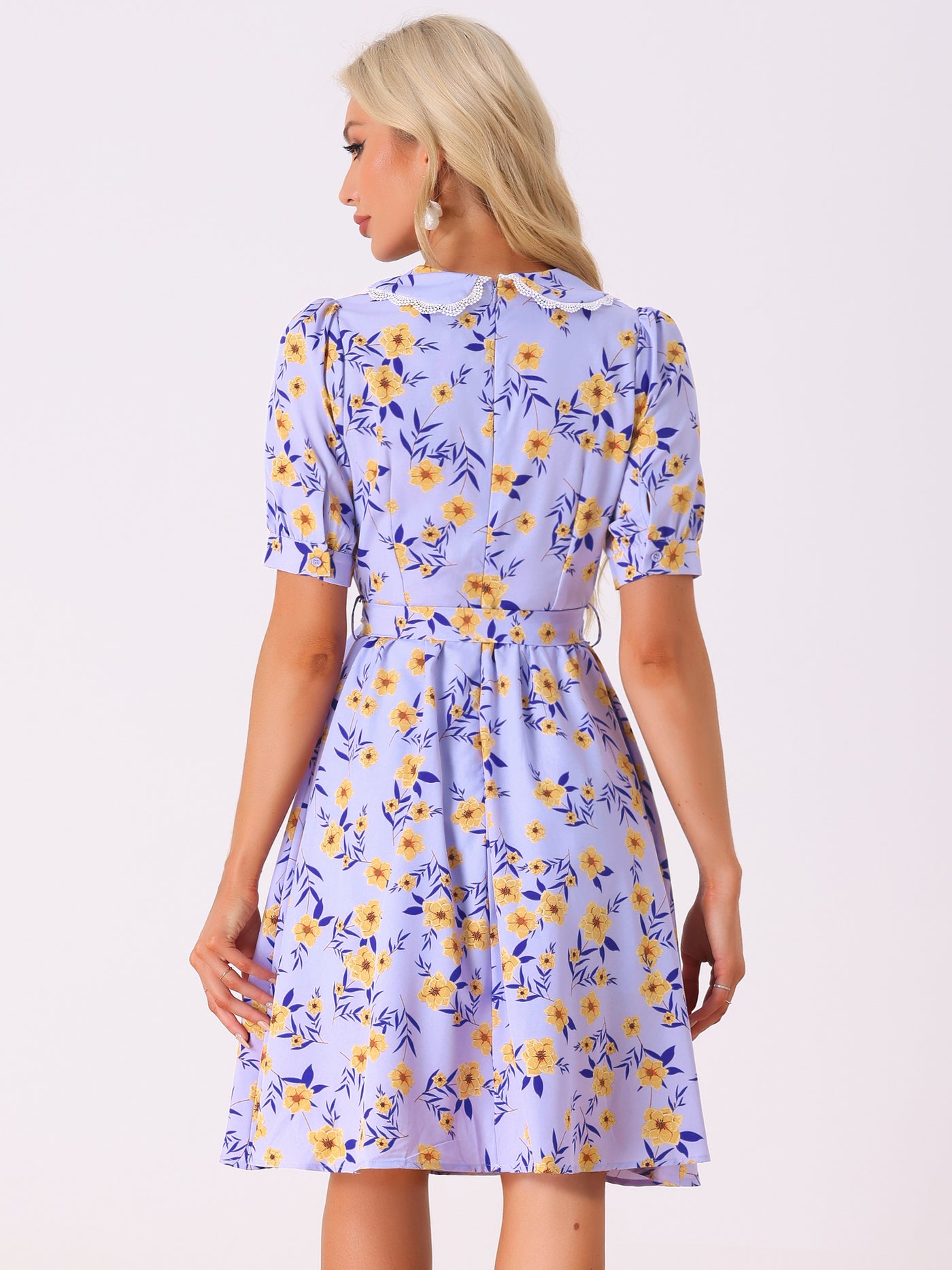 Allegra K Retro Floral Peter Pan Collar High Waist Puff Sleeve Flowy Midi Dress