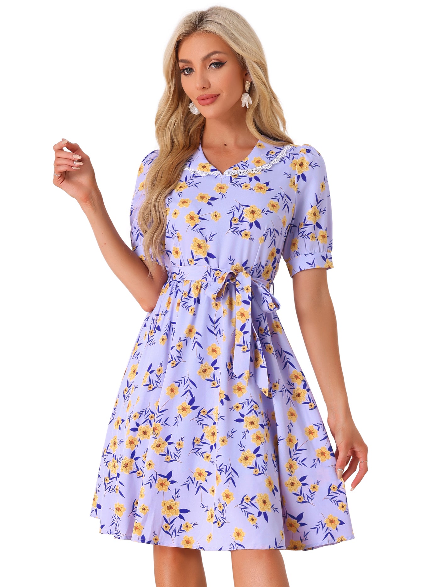 Allegra K Retro Floral Peter Pan Collar High Waist Puff Sleeve Flowy Midi Dress