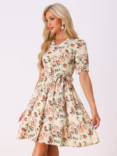 Retro Floral Peter Pan Collar High Waist Puff Sleeve Flowy Midi Dress