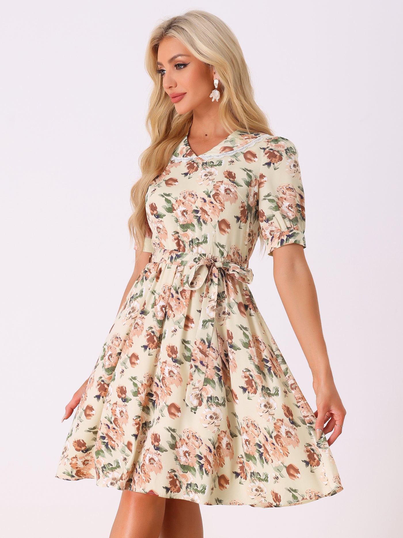 Allegra K Retro Floral Peter Pan Collar High Waist Puff Sleeve Flowy Midi Dress