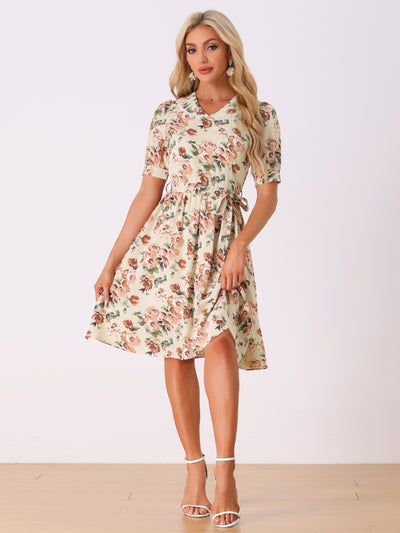 Retro Floral Peter Pan Collar High Waist Puff Sleeve Flowy Midi Dress