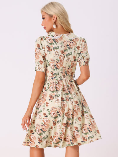 Retro Floral Peter Pan Collar High Waist Puff Sleeve Flowy Midi Dress