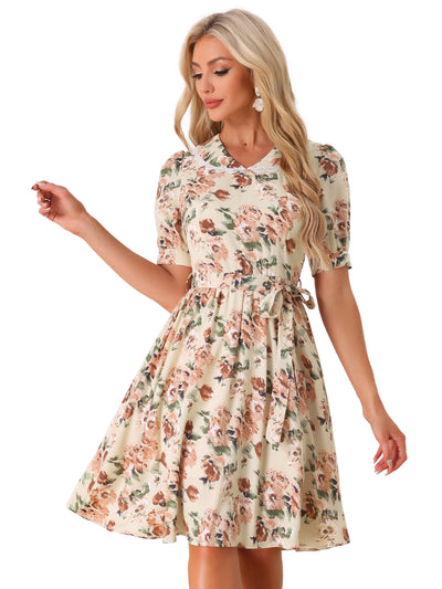 Retro Floral Peter Pan Collar High Waist Puff Sleeve Flowy Midi Dress