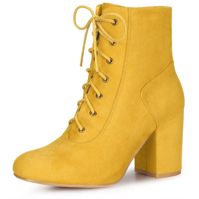 Faux Suede Round Toe Lace Up Chunky Heel Ankle Booties