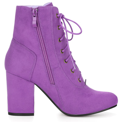 Faux Suede Round Toe Lace Up Chunky Heel Ankle Booties