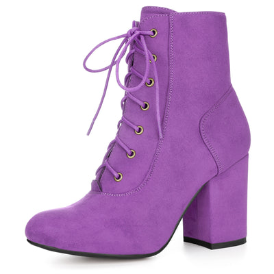 Faux Suede Round Toe Lace Up Chunky Heel Ankle Booties