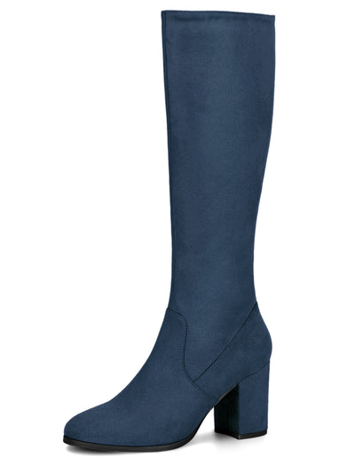 Faux Suede Side Zipper Chunky Heel Knee High Boots