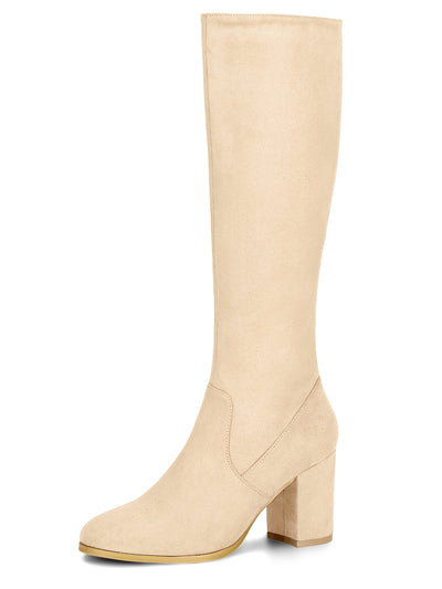 Faux Suede Side Zipper Chunky Heel Knee High Boots