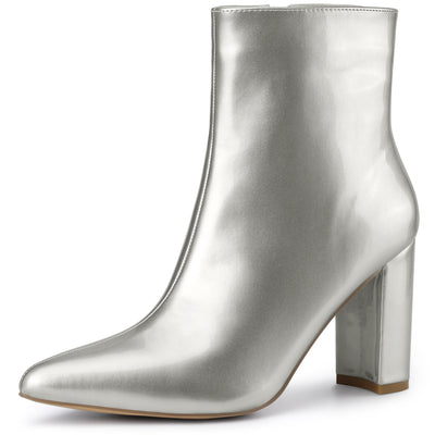 Faux Patent Leather Chunky Heel Pointed Toe Zipper Ankle Boots