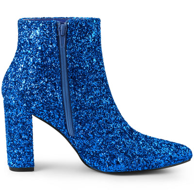 Glitter Pointed Toe Chunky Heel Zipper Ankle Boots