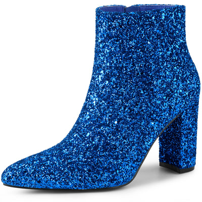 Glitter Pointed Toe Chunky Heel Zipper Ankle Boots