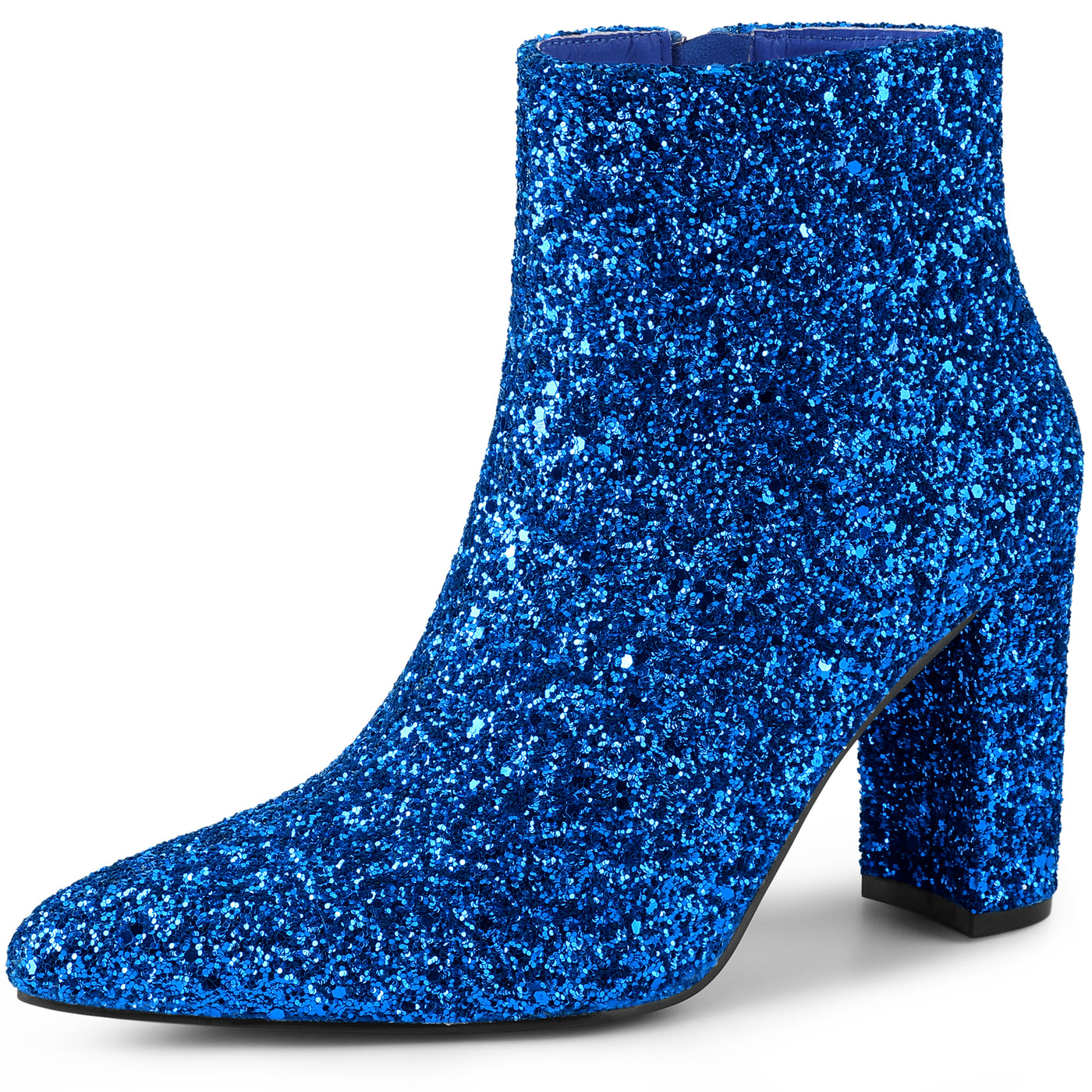 Allegra K Glitter Pointed Toe Chunky Heel Zipper Ankle Boots