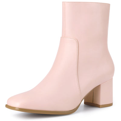 Faux Leather Square Toe Side Zip Block Heel Ankle Boots