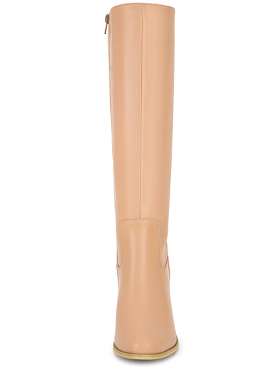 Faux Leather Round Toe Block Heel Knee High Boots