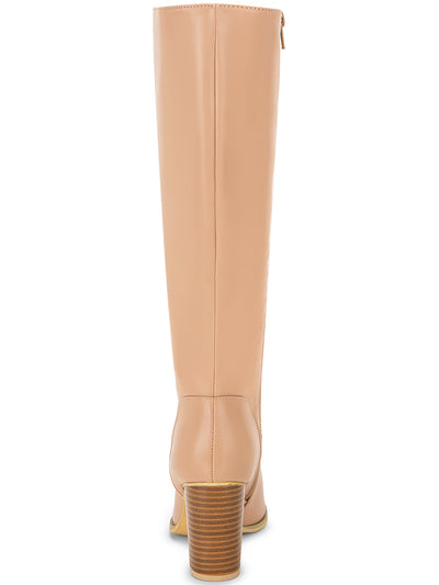 Faux Leather Round Toe Block Heel Knee High Boots