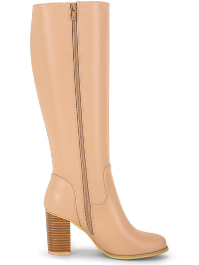 Faux Leather Round Toe Block Heel Knee High Boots