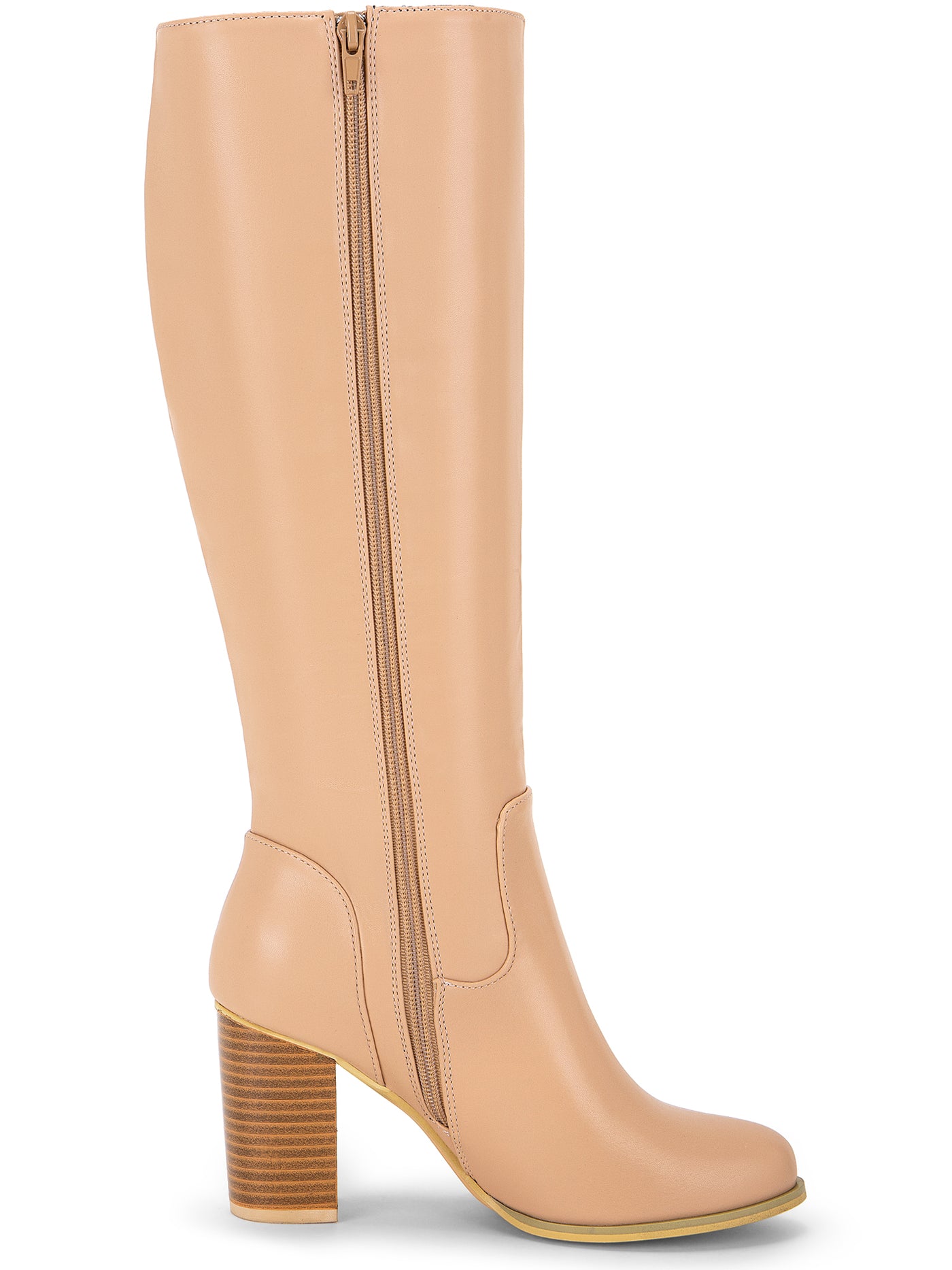 Allegra K Faux Leather Round Toe Block Heel Knee High Boots