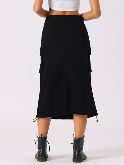 Midi Skirt Flap Pocket Back Slit Drawstring Cargo Skirt