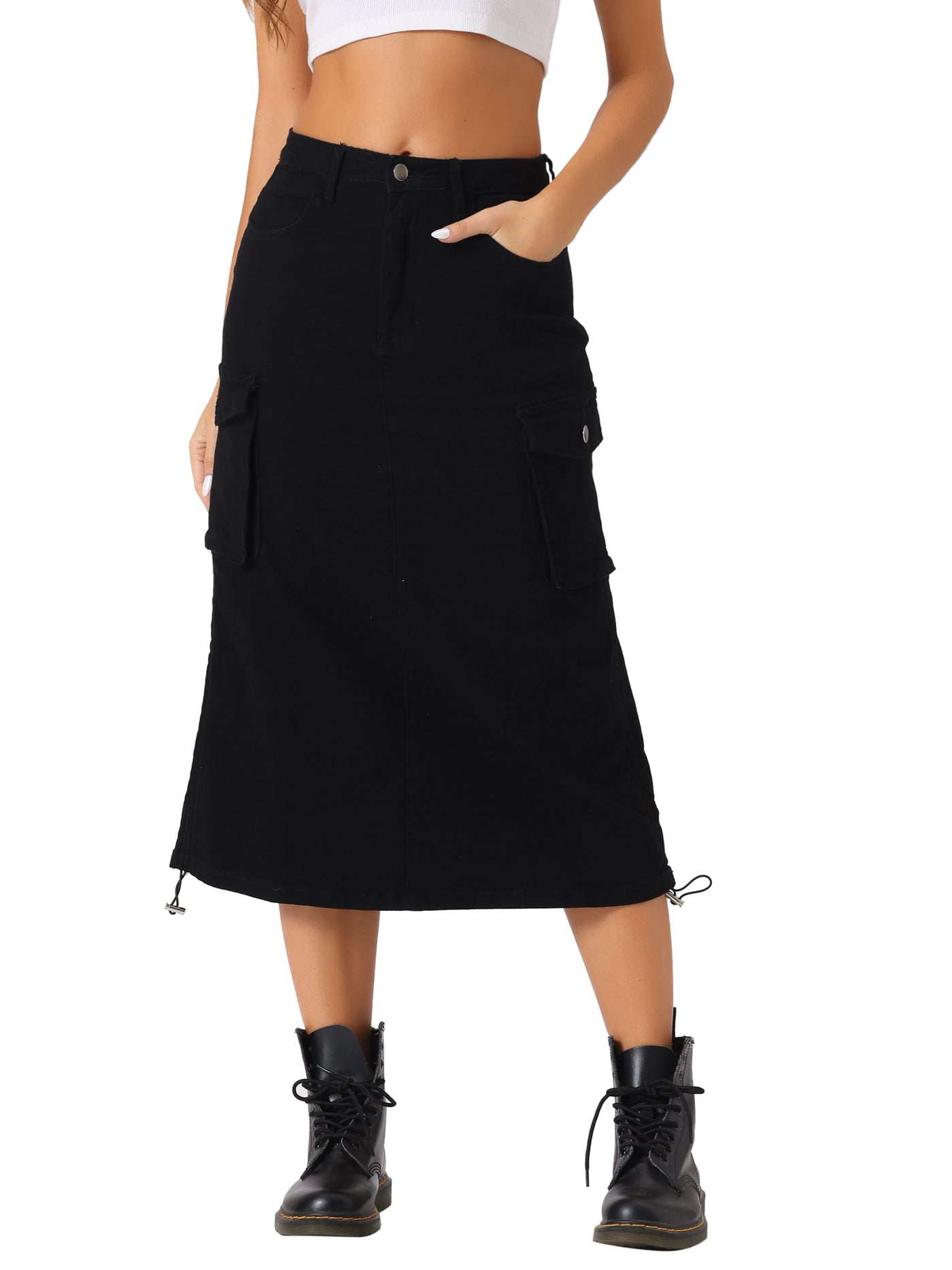 Allegra K Midi Skirt Flap Pocket Back Slit Drawstring Cargo Skirt