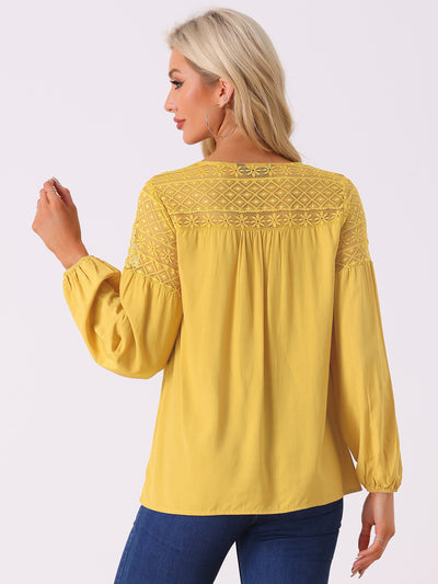 Boho Lace Panel Sheer V Neck Long Sleeve Blouse