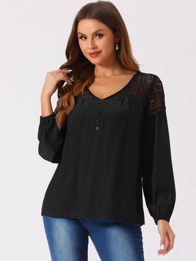 Boho Lace Panel Sheer V Neck Long Sleeve Blouse