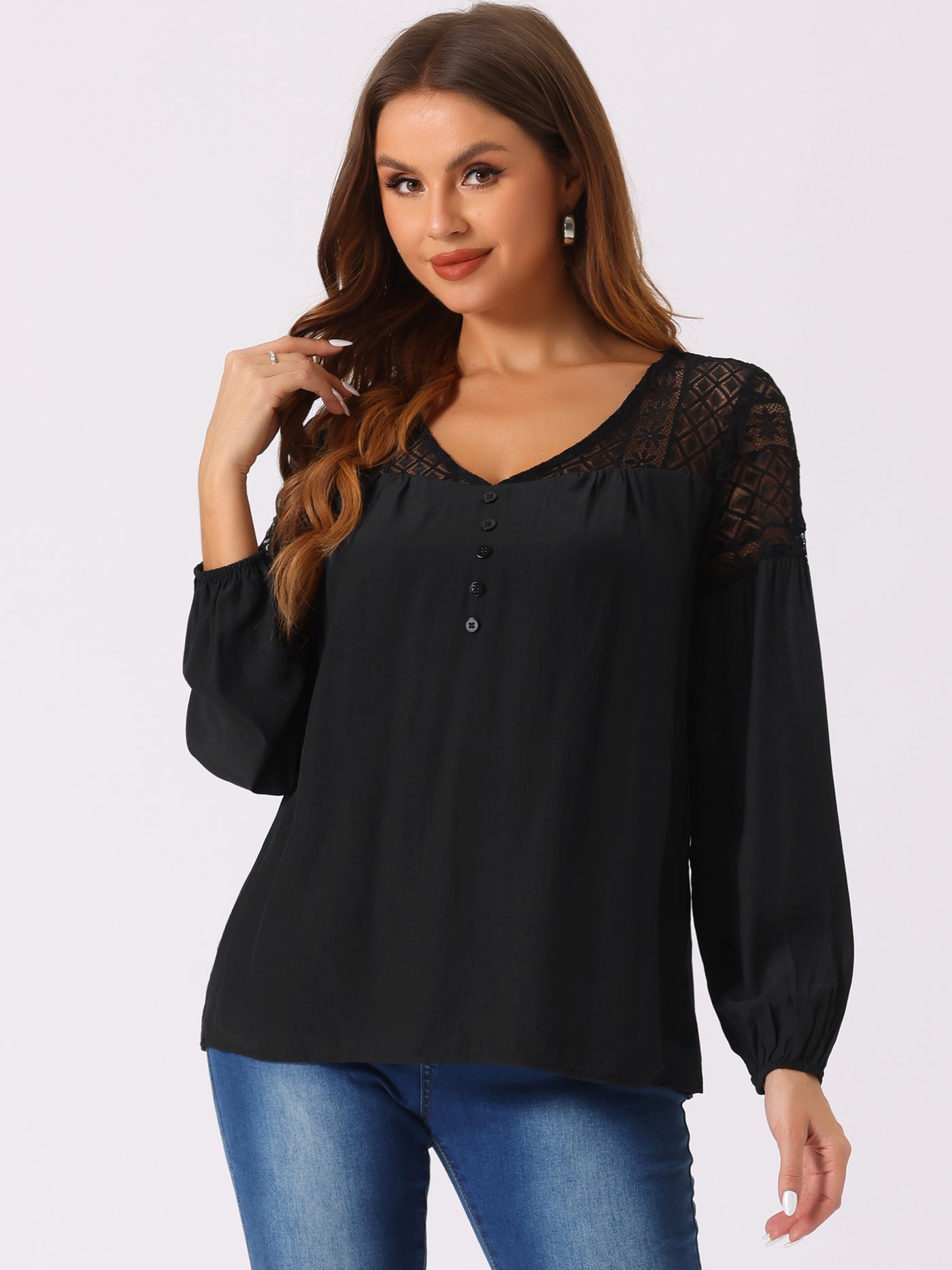 Allegra K Boho Lace Panel Sheer V Neck Long Sleeve Blouse