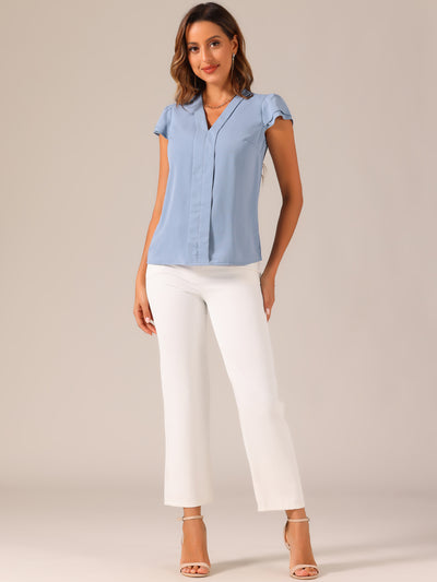 Summer Office Tops V-Neck Solid Color Casual Chiffon Ruffle Sleeve Blouse